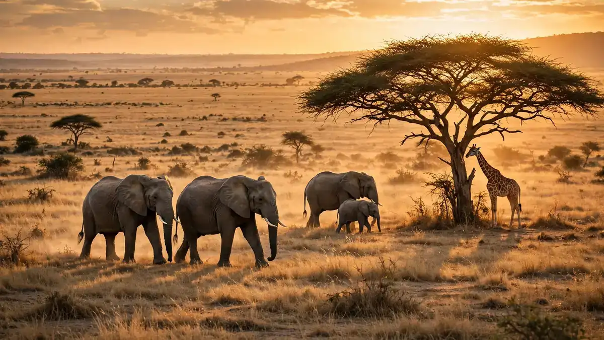 Elephants and a giraffe on a golden African savanna near an acacia tree at sunset