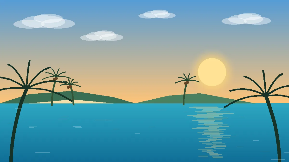 Tropical Fiji lagoon at sunset with palm trees, green islands, golden sun and calm turquoise water, an illustration for couples travel