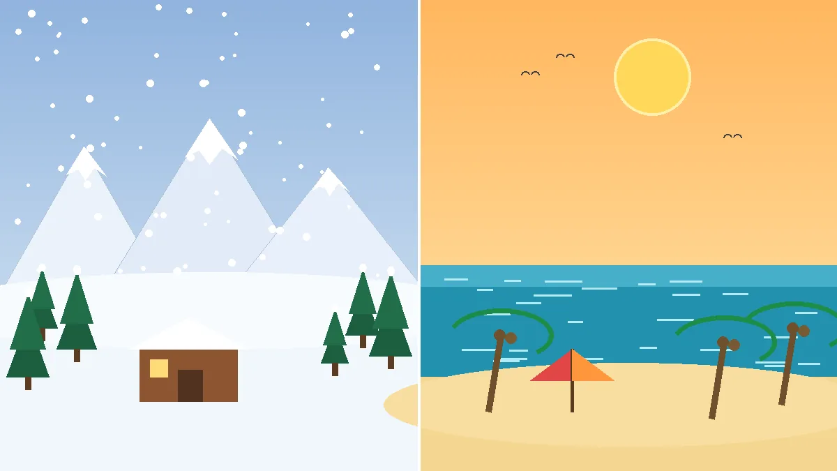 Split winter scene with snowy Colorado mountains, pine trees and a cabin on one side and a sunny Florida beach with palm trees on the other, showing the best place to visit in the winter in the US