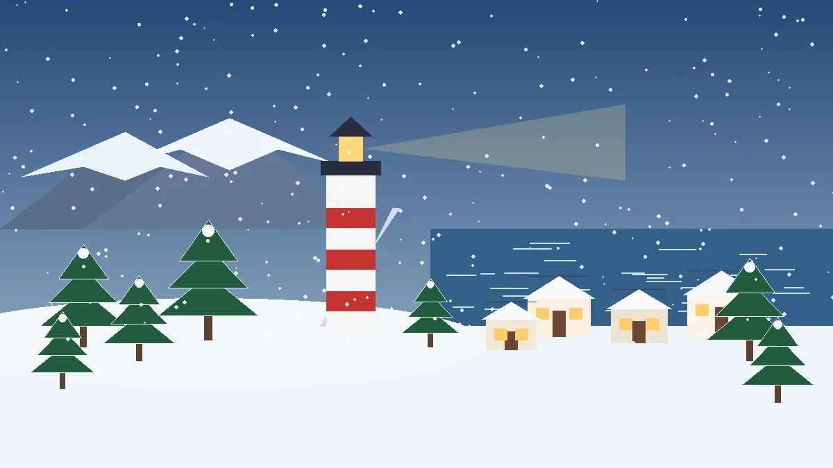 Snowy East Coast lighthouse on a rocky winter shore with a red and white striped tower, snow-covered village houses with warm glowing windows, pine trees and mountains under falling snow