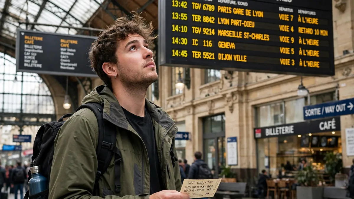 Traveller with a backpack holding a paper ticket and looking up at a foreign train station departure board