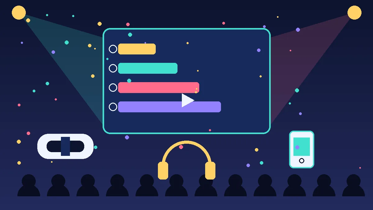 Flat illustration of interactive event entertainment with a large leaderboard screen, projection beams, a VR headset, a phone controller, and silent disco headphones above a silhouetted audience