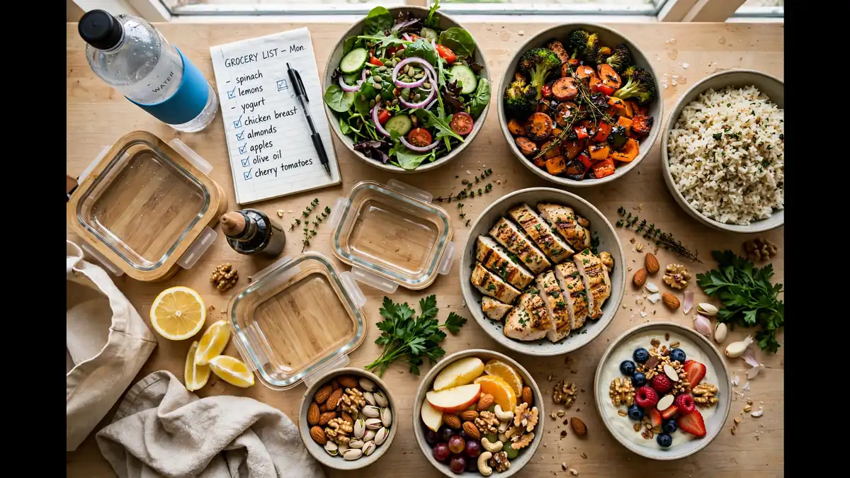 Smarter food choices with balanced meal prep bowls of chicken, rice, vegetables, salad, fruit and nuts on a kitchen counter