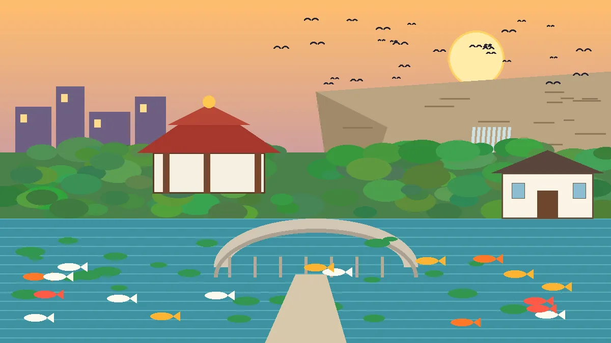Scenic illustration of the Japanese Tea Garden in San Antonio with a pagoda pavilion, stone bridge, waterfall, koi pond, a historic King William home and bats flying at dusk