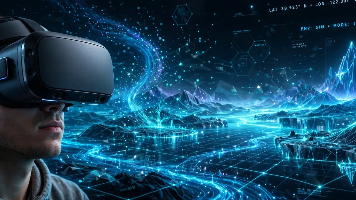 Person wearing a virtual reality headset immersed in a glowing simulated environment