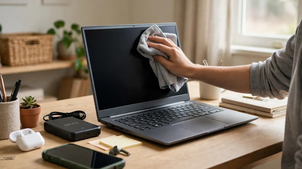 Hand cleaning a laptop screen with a microfibre cloth beside an external drive and a phone in a protective case