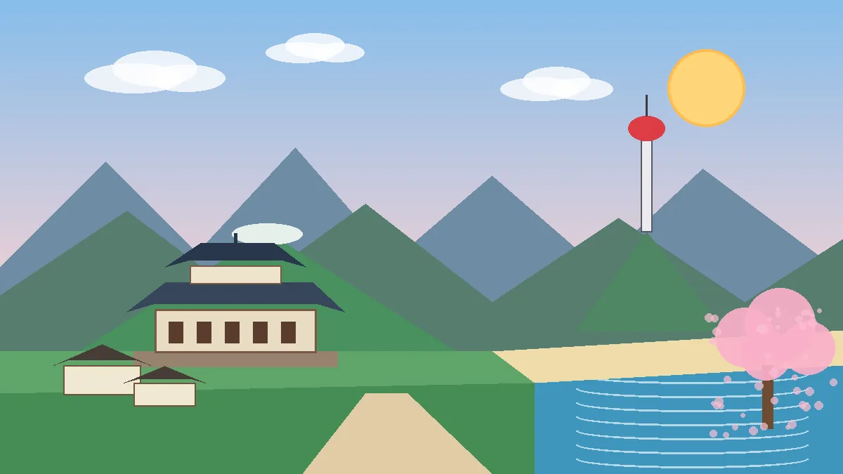 Scenic illustration of places to visit in South Korea showing a Seoul palace, hanok houses, N Seoul Tower, green mountains, a beach and cherry blossom